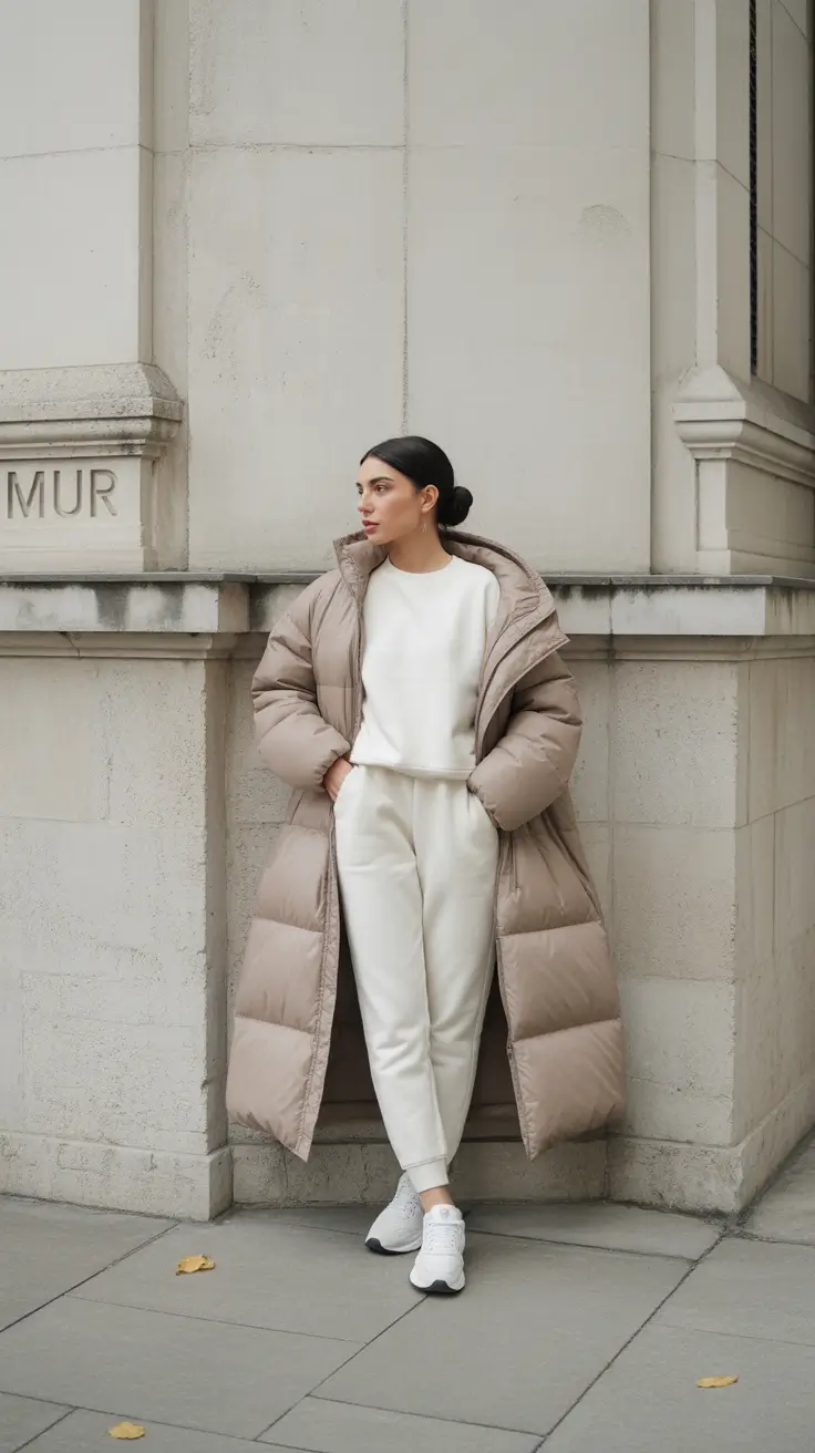 cozy winter outfits 2025 - 2026 style guide Minimalist Puffer and Cream Tracksuit