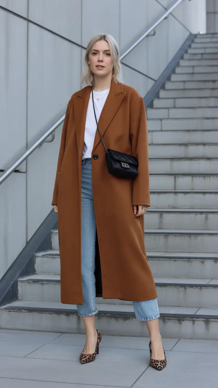 cozy winter outfits 2025 - 2026 style guide Camel Coat with Denim and Leopard Accents