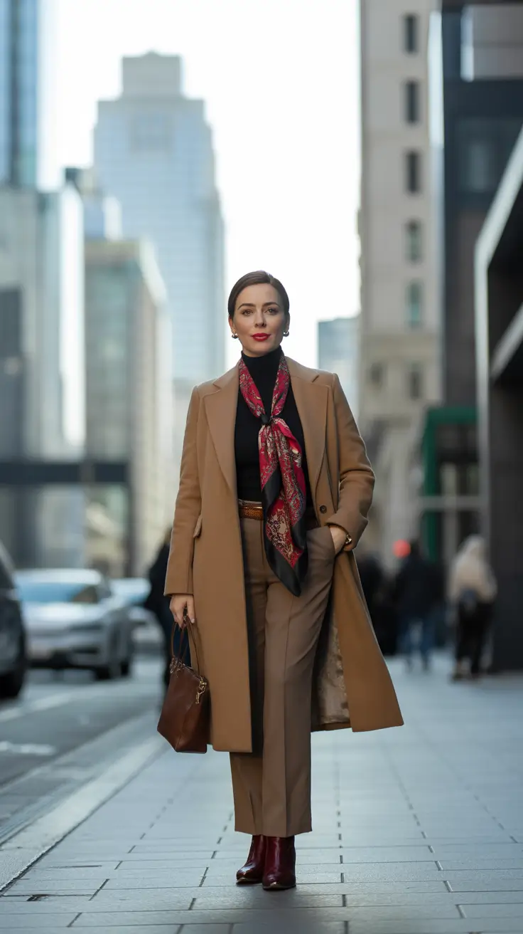 cozy winter outfits 2025 - 2026 style guide Camel Suit with Statement Scarf