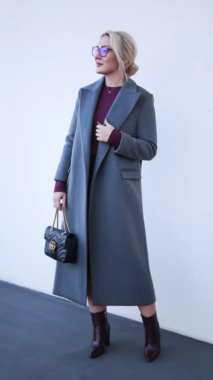 cozy winter outfits 2025 - 2026 style guide Gray Coat with Burgundy Accents