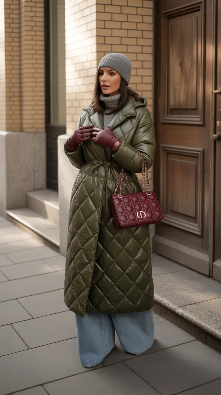 cozy winter outfits 2025 - 2026 style guide Quilted Olive Coat With Luxe Details