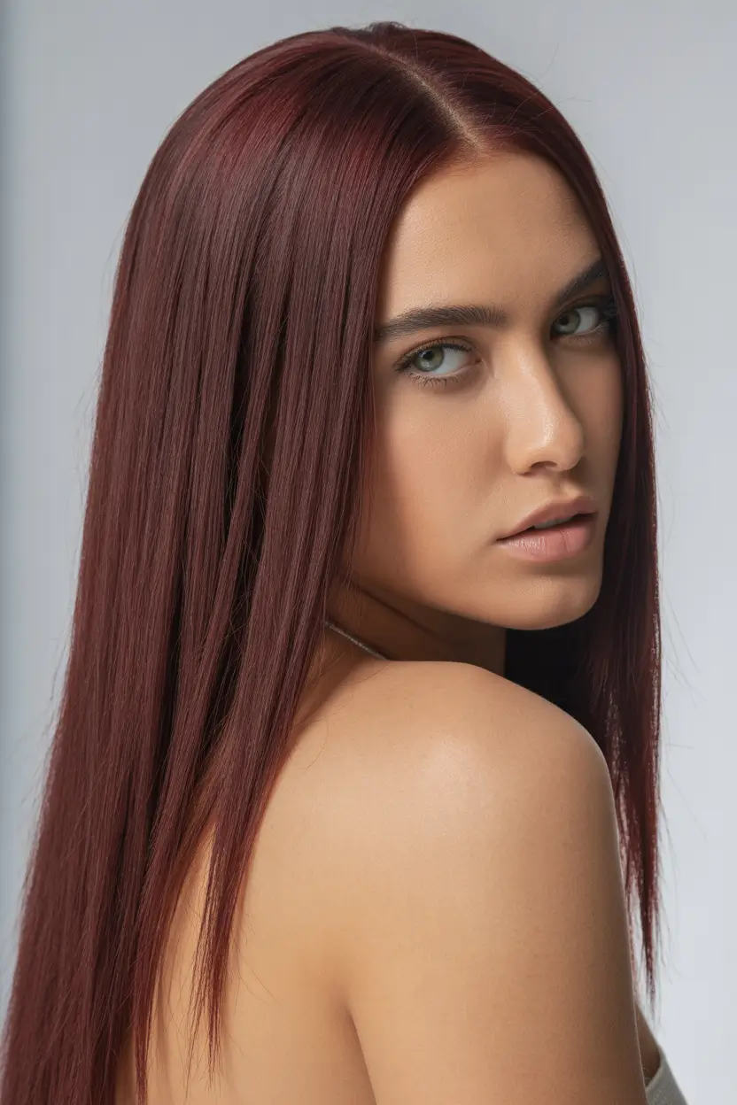 deep winter hair colors inspiration 2025 2026 Burgundy Elegance with Sleek Length