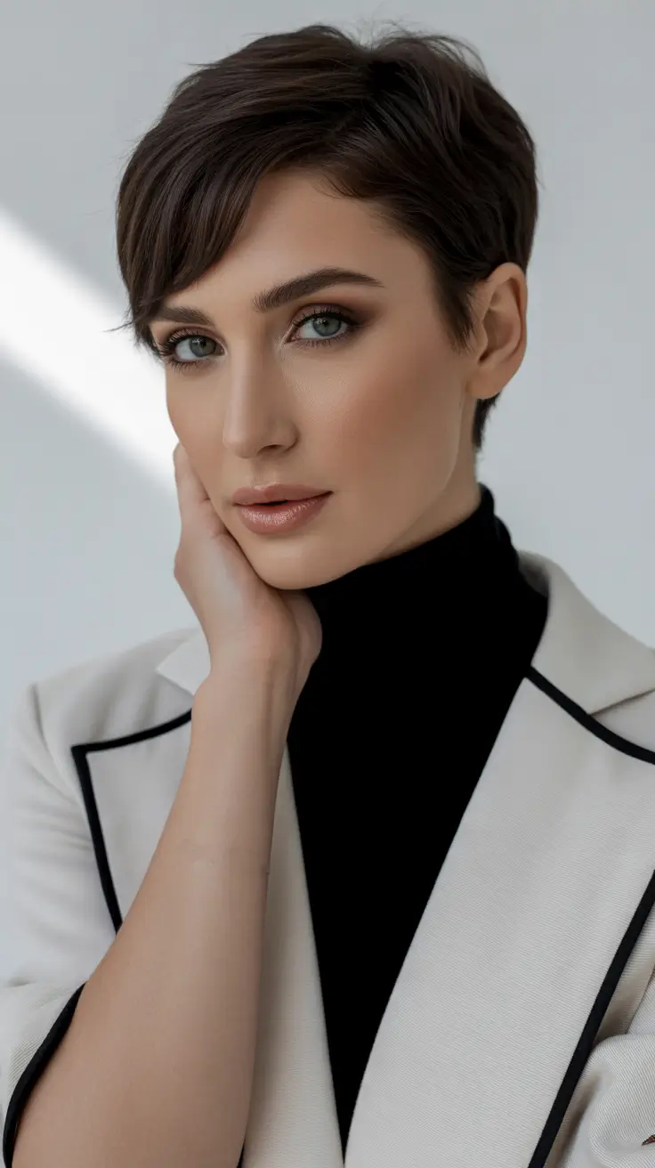 deep winter hair colors inspiration 2025 2026 Polished Pixie with Modern Brunette Tones