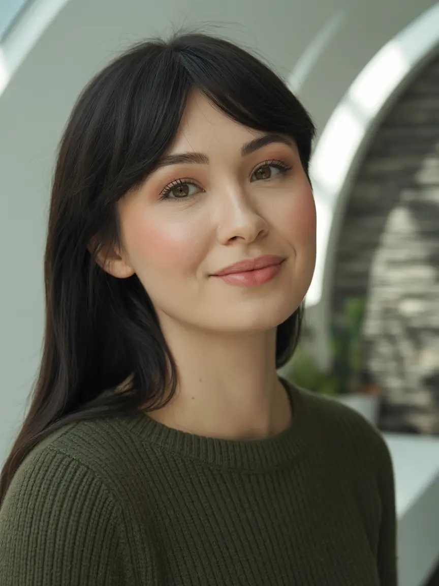 deep winter hair colors inspiration 2025 2026 Soft Black with Wispy Bangs