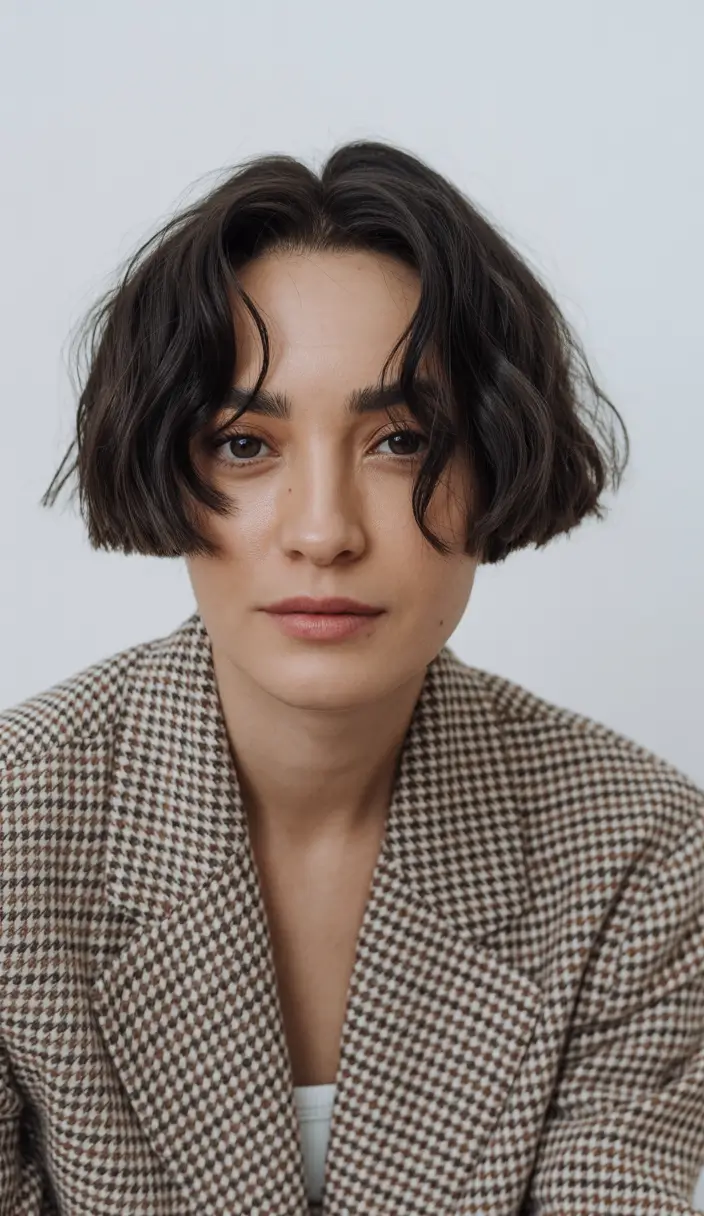 deep winter hair colors inspiration 2025 2026 Short Curly Bob with Natural Brunette Base