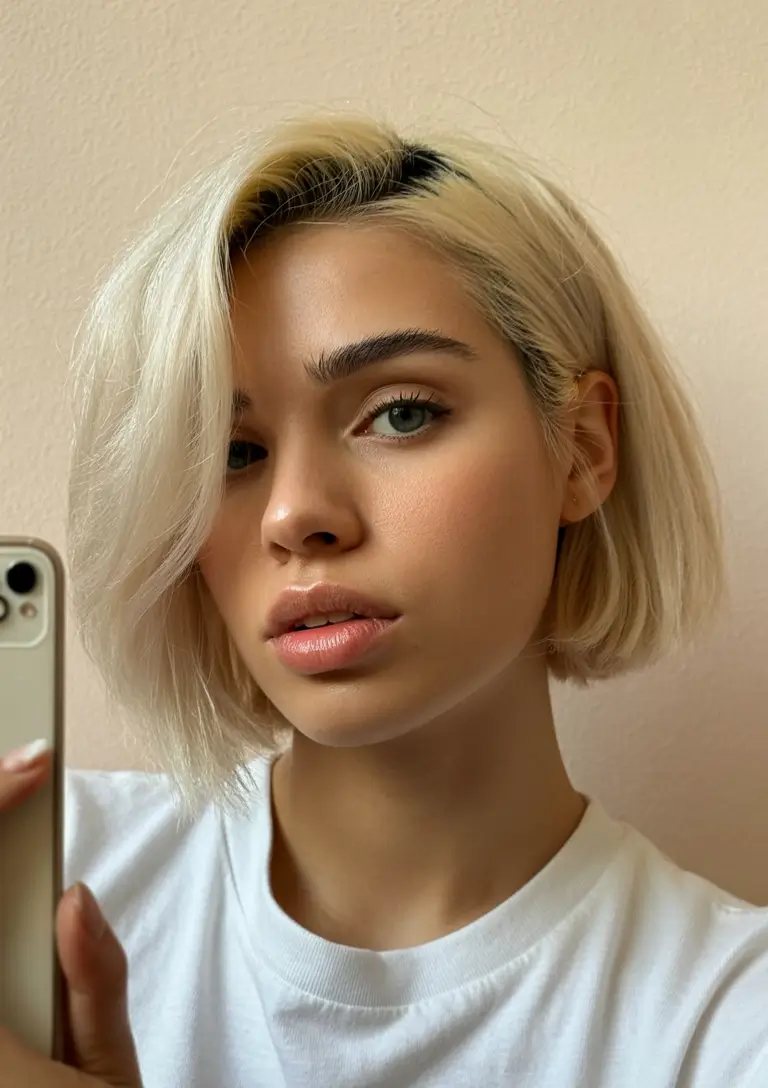 deep winter hair colors inspiration 2025 2026 Platinum Blonde Bob with Dark Roots