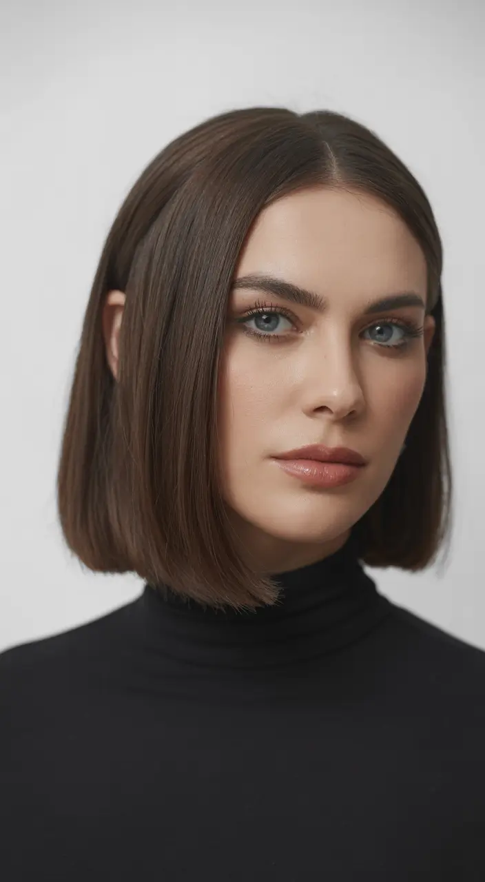 deep winter hair colors inspiration 2025 2026 Polished Brunette Bob with Glassy Finish