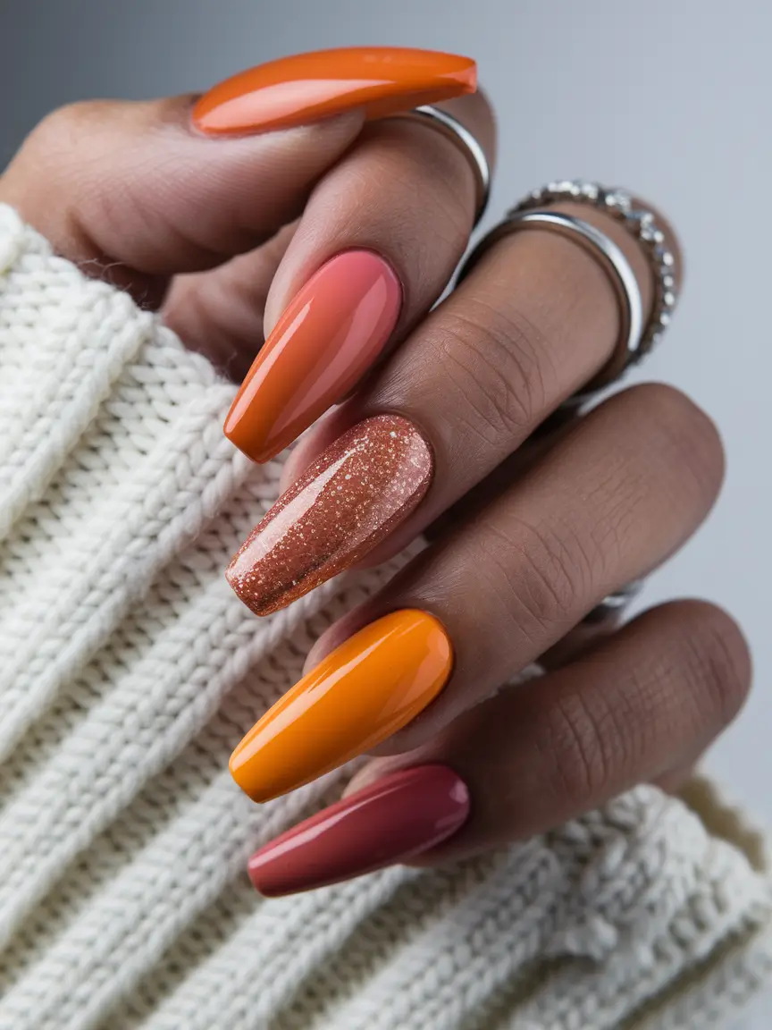easy fall nails 2025 Spiced Gradient with a Hint of Glitter