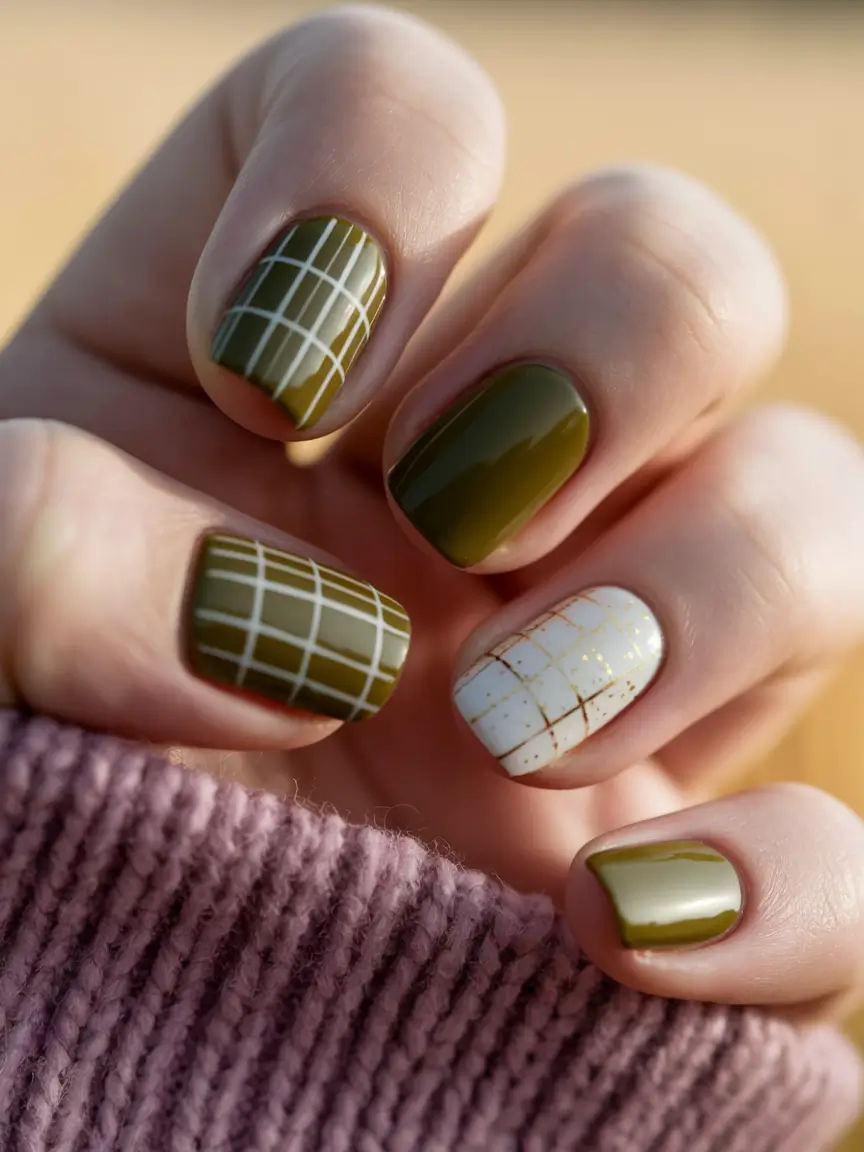 easy fall nails 2025 Olive Plaid Perfection