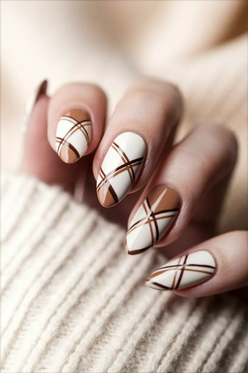 easy fall nails 2025 Modern Plaid in Cream and Cocoa