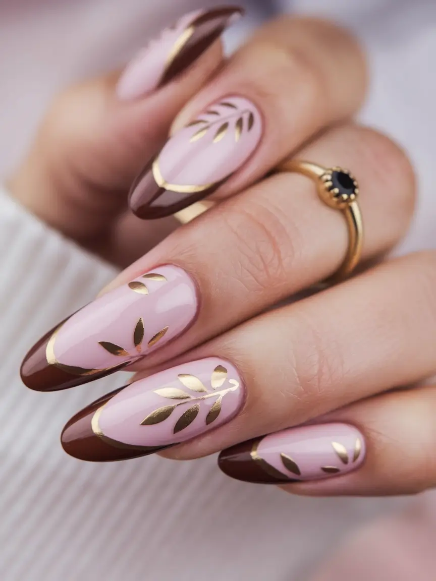 easy fall nails 2025 Golden Leaf French