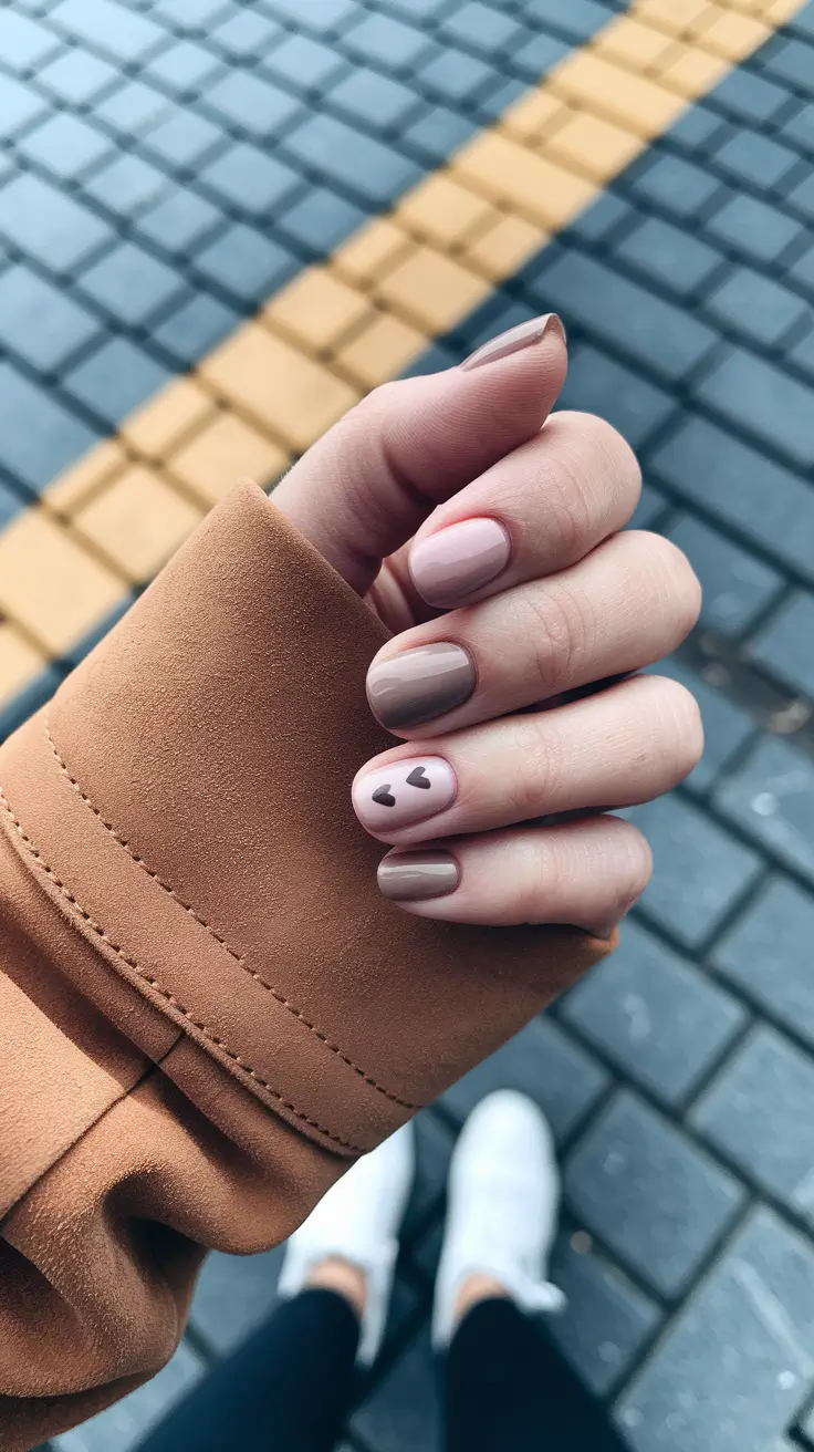 easy fall nails 2025 Mocha Tones with Heart Accents