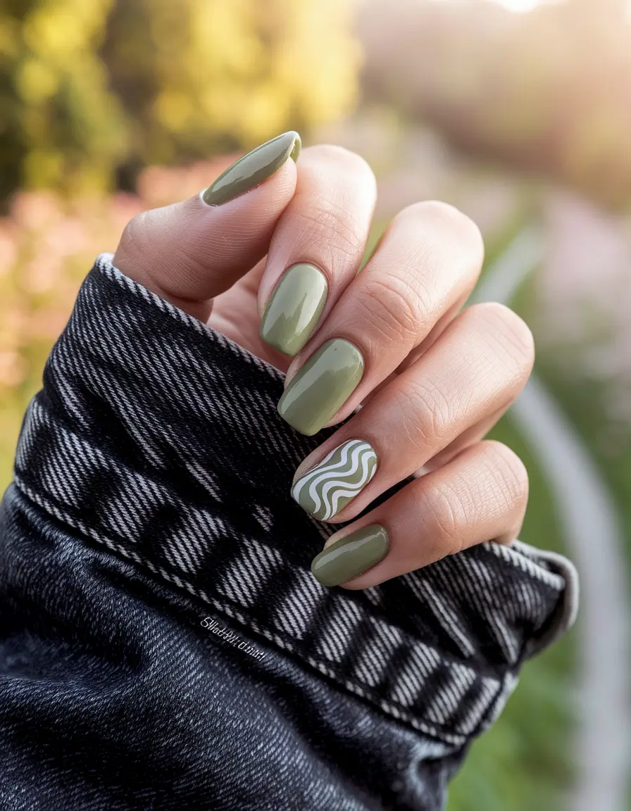 easy fall nails 2025 Olive Calm with Wavy Accents
