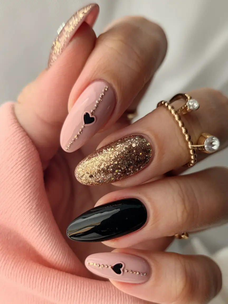 easy fall nails 2025 Glitter and Hearts Statement
