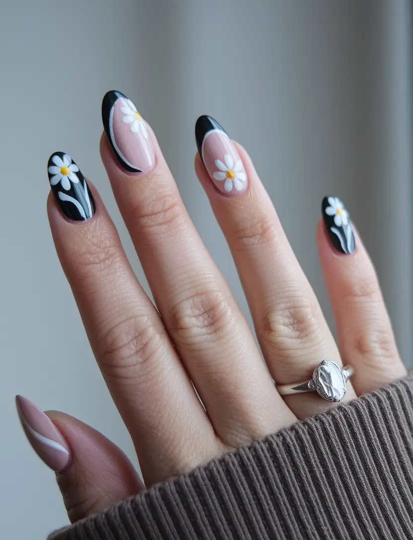 easy fall nails 2025 Midnight Daisies on Glossy Black