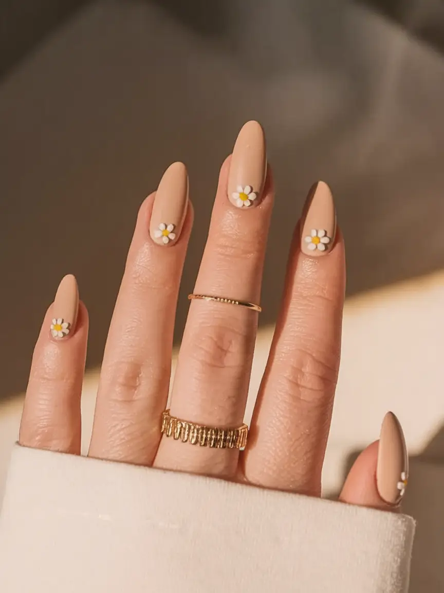 easy fall nails 2025 Neutral Almond with Daisy Accents