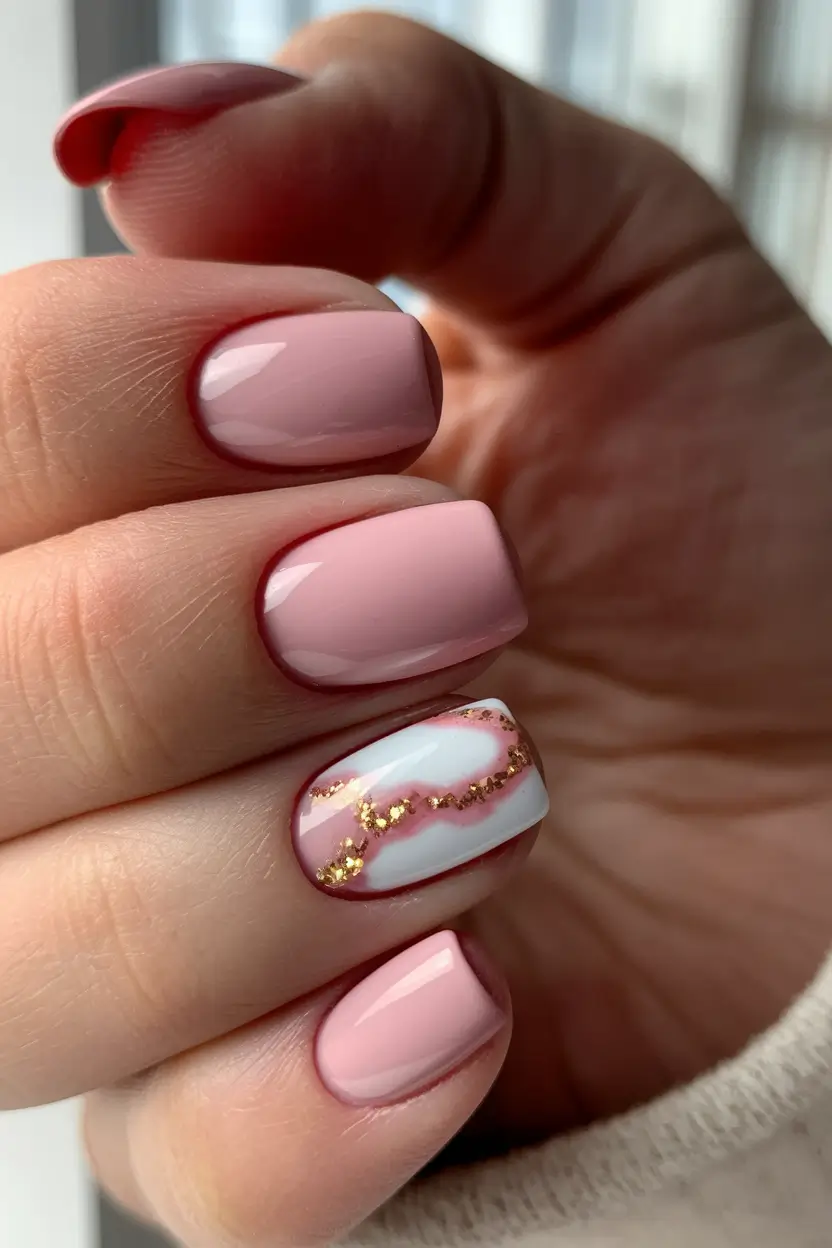 easy fall nails 2025 Blush Marble with Golden Veins