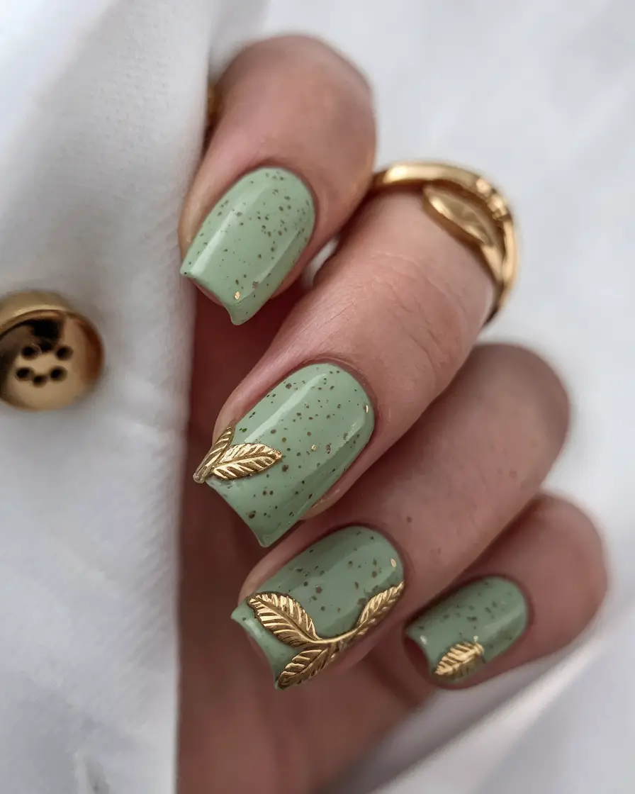 easy fall nails 2025 Mint Green with Golden Leaf Charms