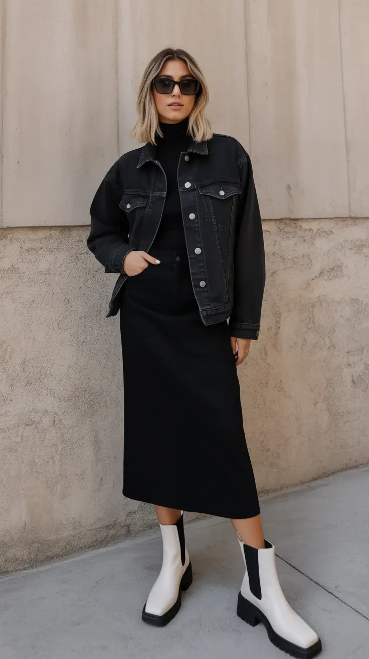 Elegant classy outfit Monochrome Denim Meets Black Minimalism