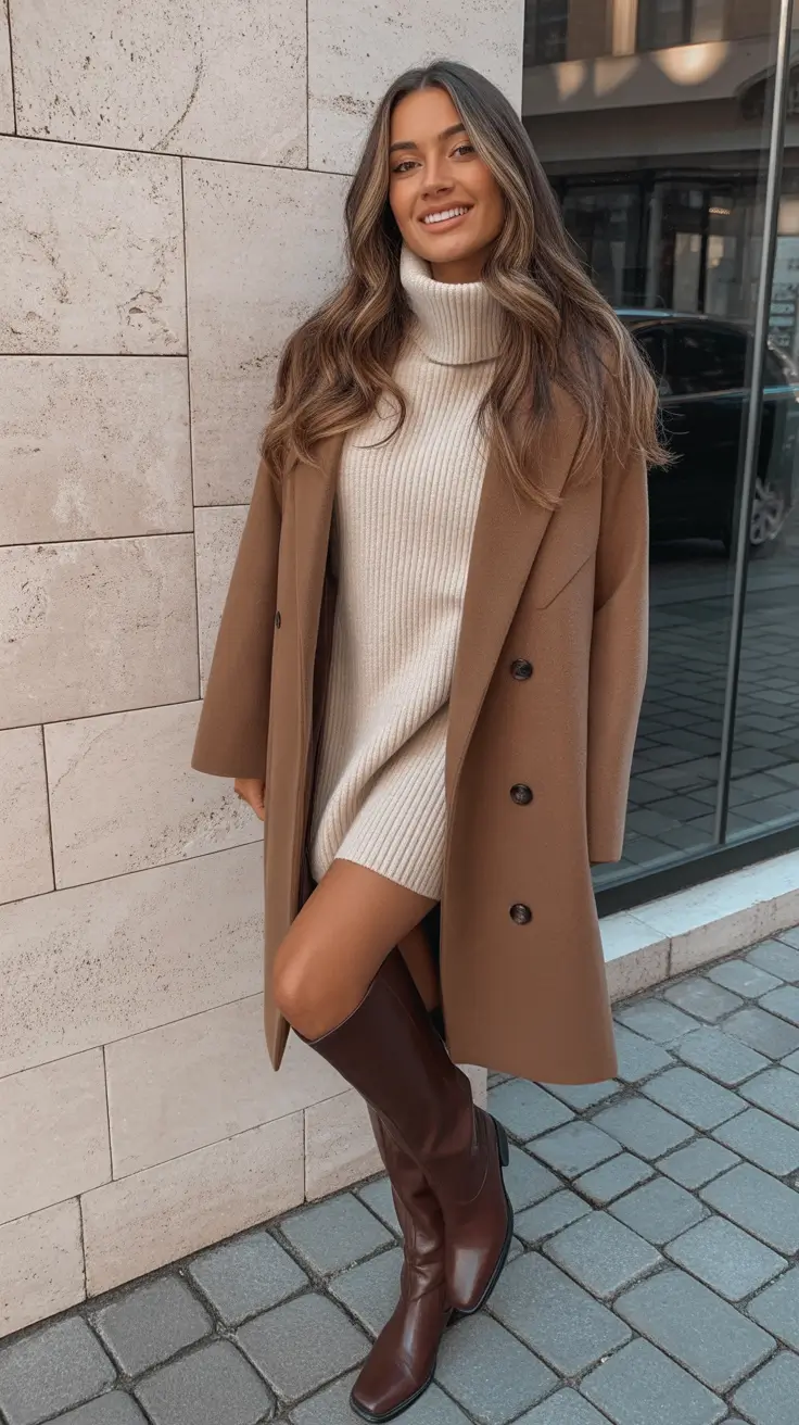 Elegant classy outfit Cozy Neutrals with Knee-High Boots