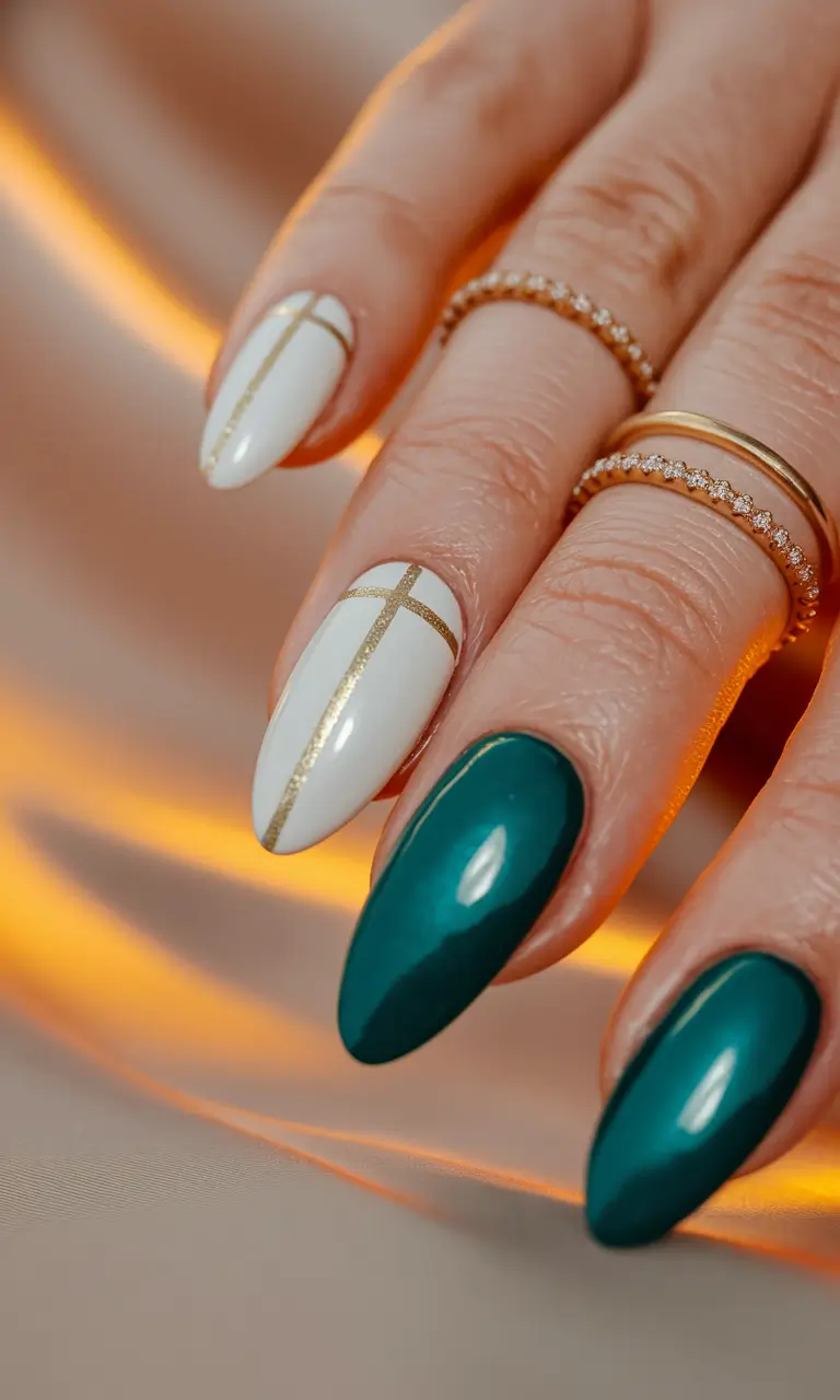 fall colors for nails 2025 Emerald Elegance with Golden Lines