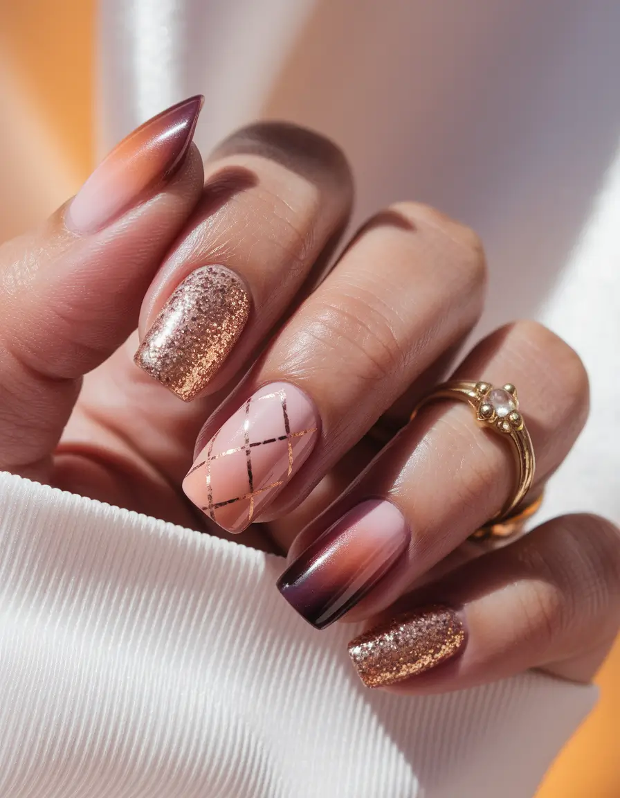 fall colors for nails 2025 Golden Glitter and Ombre Warmth