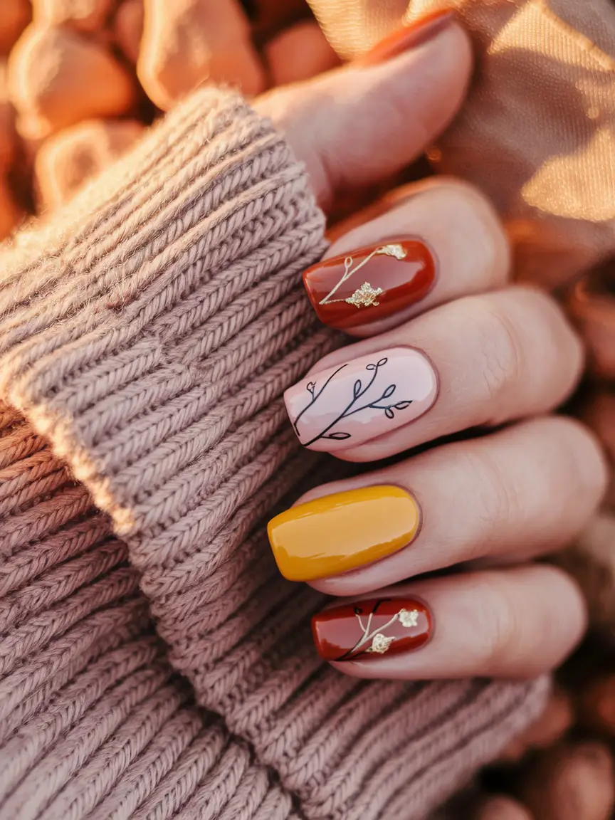 fall colors for nails 2025 Golden Leaves and Autumn Orange