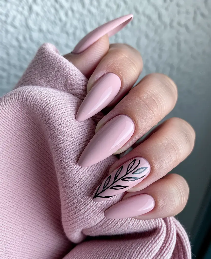fall colors for nails 2025 Soft Pink with Leaf Detail
