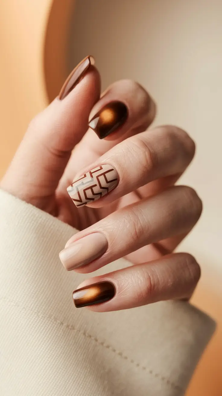 fall colors for nails 2025 Warm Bronze with Geometric Flair