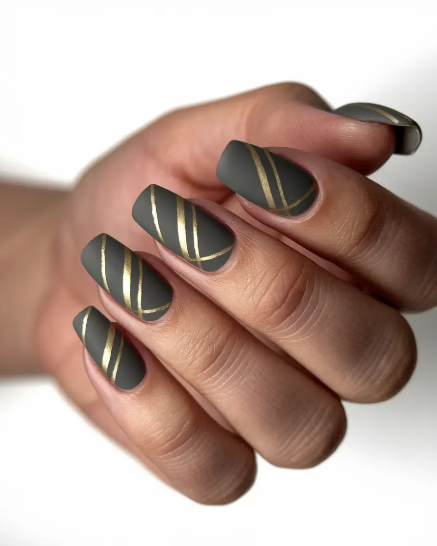 fall colors for nails 2025 Matte Charcoal with Golden Stripes