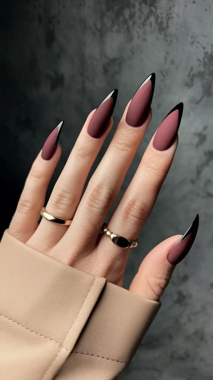 fall colors for nails 2025 Matte Burgundy with Sharp Black Edges