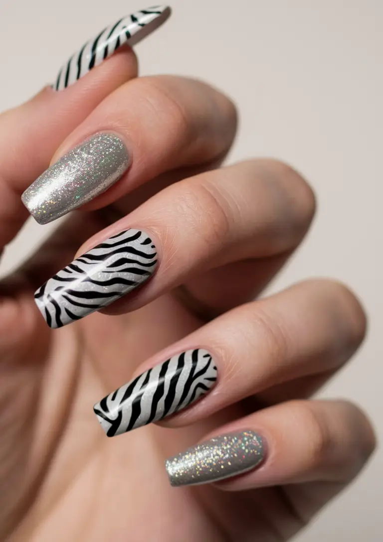 fall colors for nails 2025 Zebra Stripes with Silver Sparkle