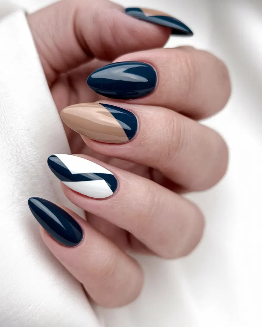 fall colors for nails 2025 Midnight Navy with Nude Contrast