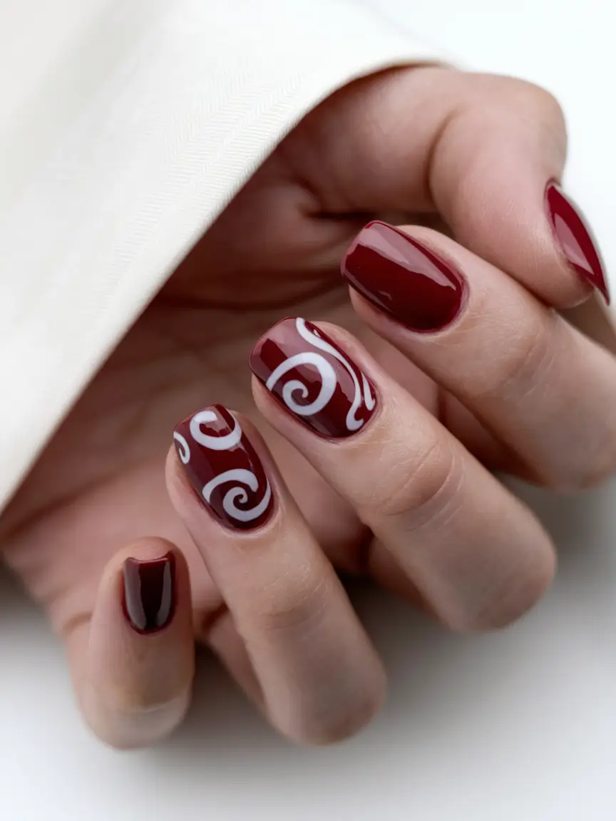 fall inspo nails 2025 Crimson Swirl Accent