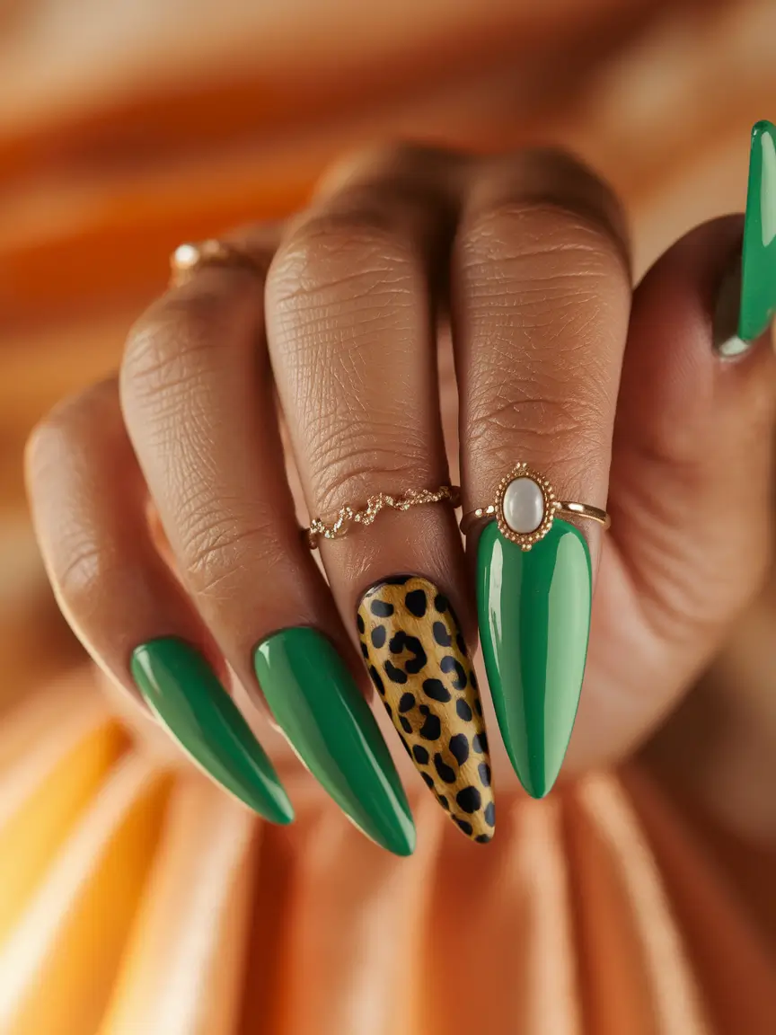 fall inspo nails 2025 Jungle Green with Leopard Accent