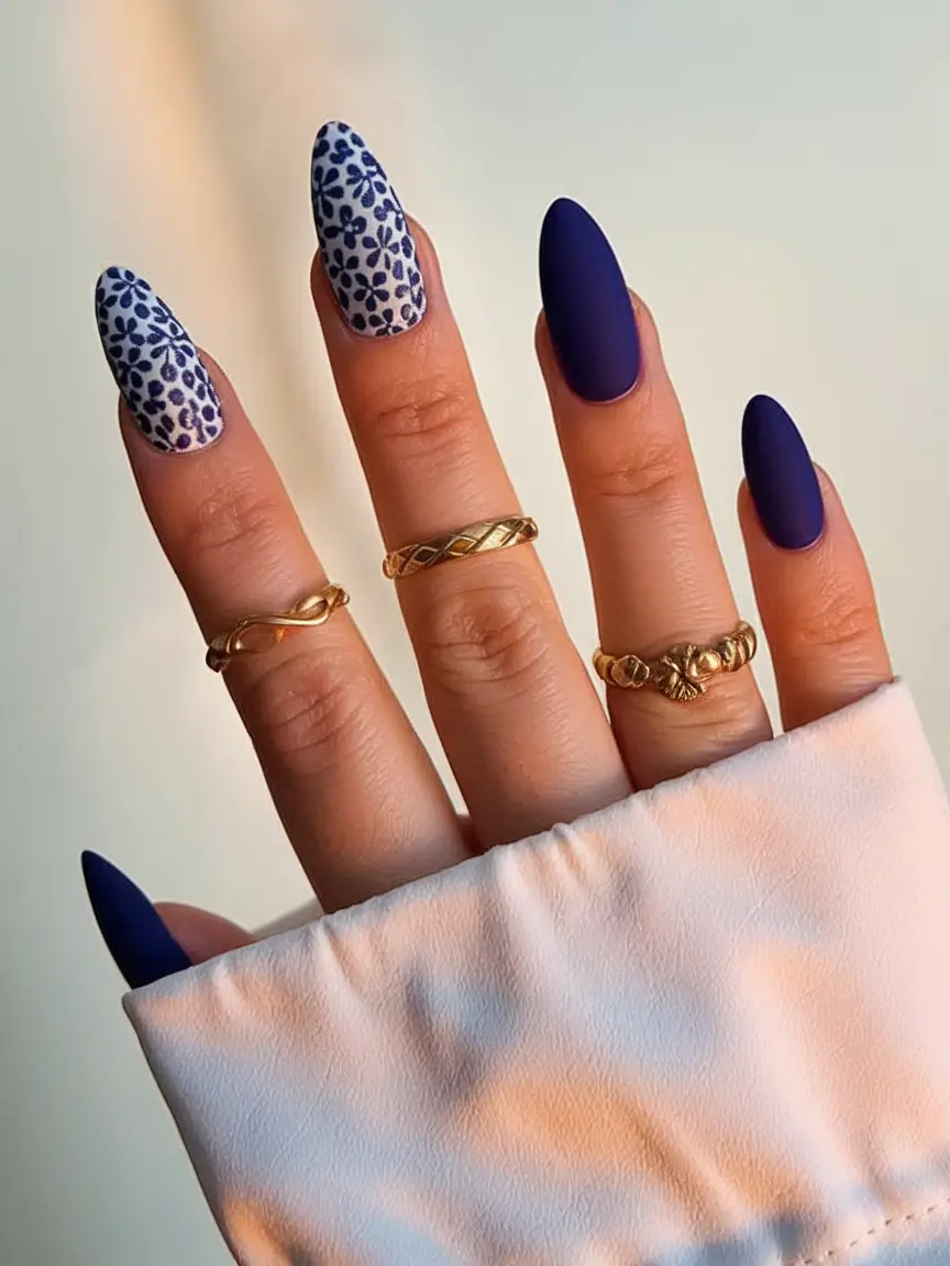 fall inspo nails 2025 Indigo Petal Matte