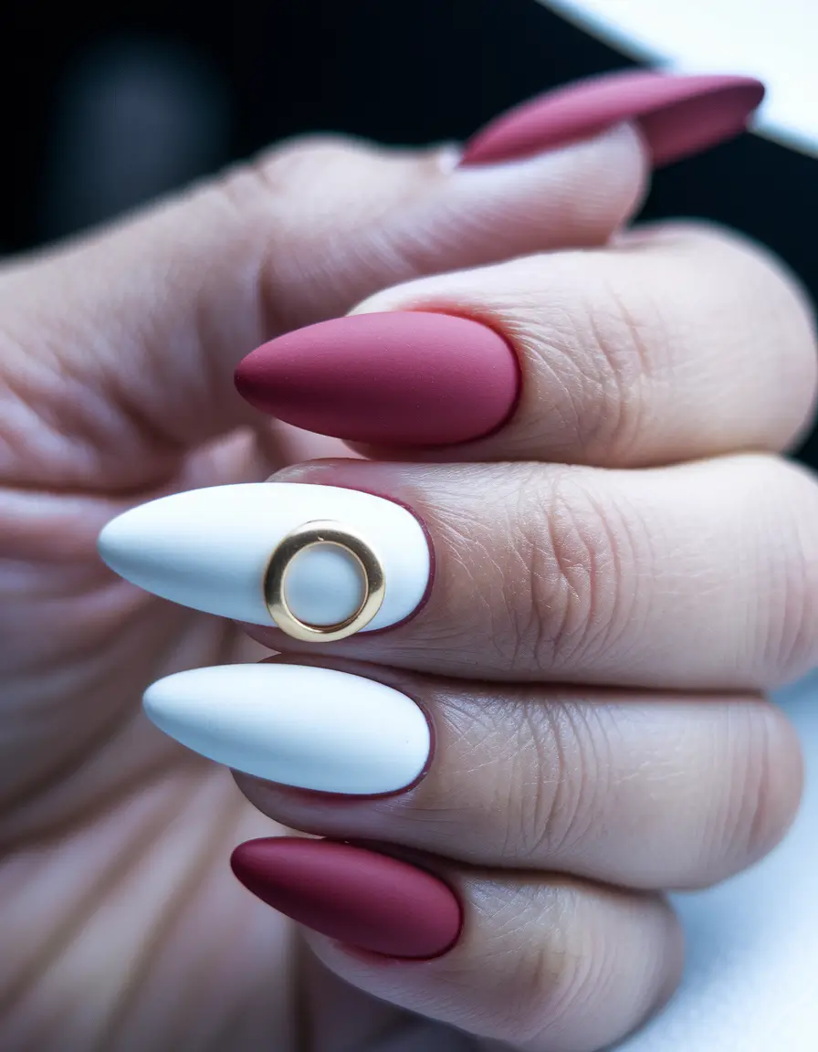 fall matte nails 2025 Red and White Chic Contrast