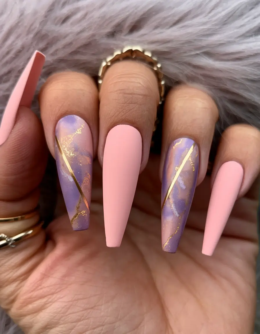fall matte nails 2025 Pastel Marble with Gold Veins