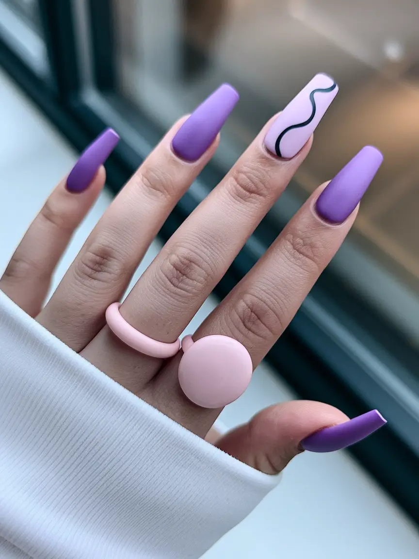 fall matte nails 2025 Lavender Pop with Minimalist Line