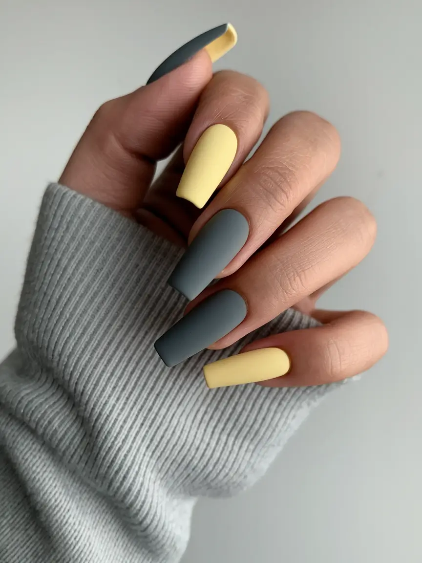 fall matte nails 2025 Grey and Mustard Duo