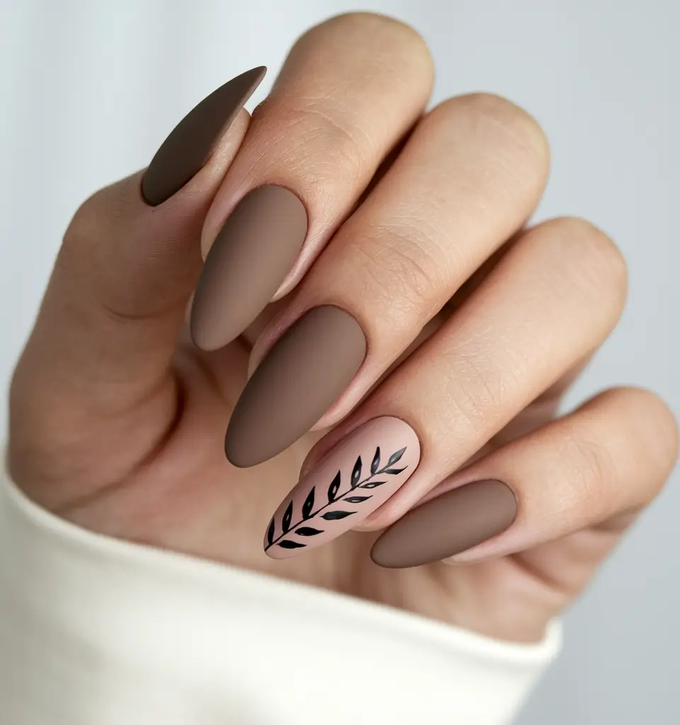 fall matte nails 2025 Almond Brown with Leaf Accent