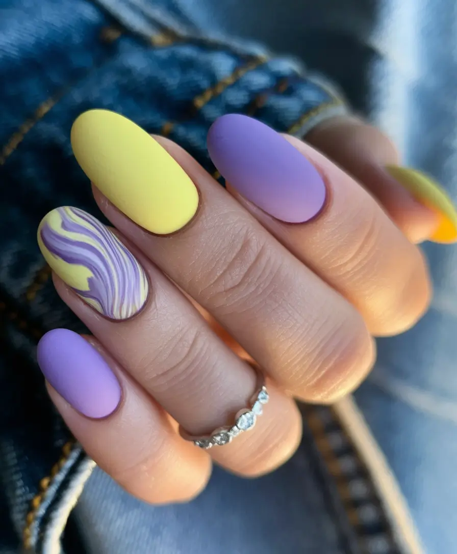 fall matte nails 2025 Yellow and Lilac Marble