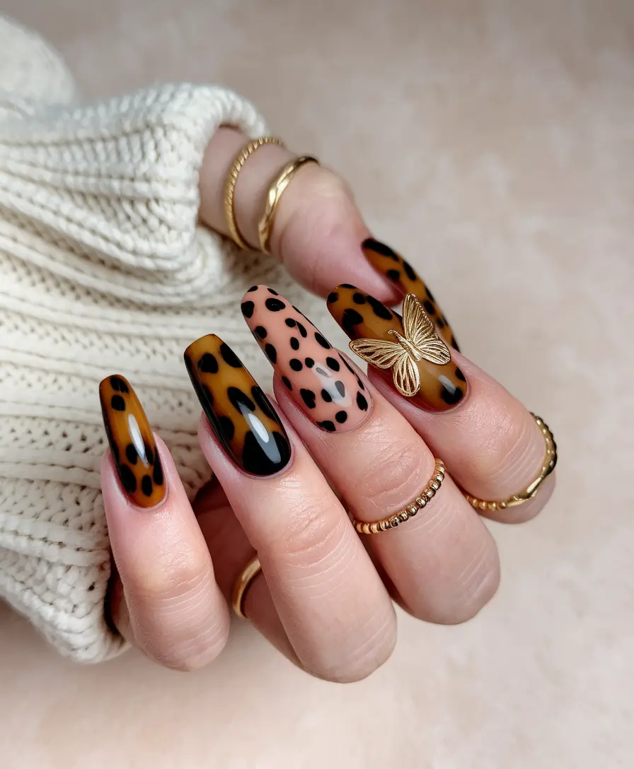 Fall Tortoiseshell Nails Golden Charm with Butterfly Accent