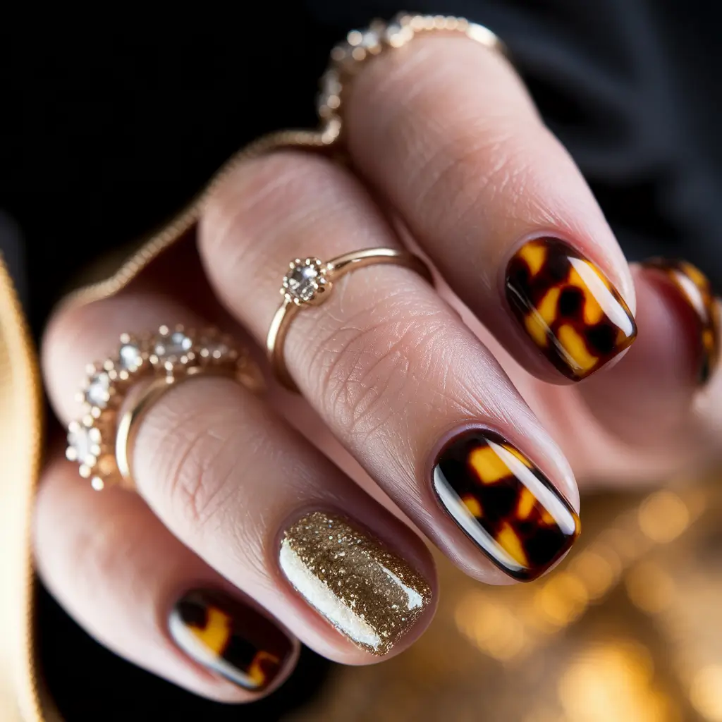 Fall Tortoiseshell Nails Square Elegance with Gold Sparkle
