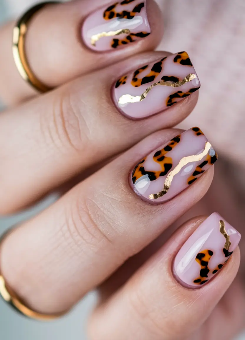 Fall Tortoiseshell Nails Abstract Pink with Gold Waves