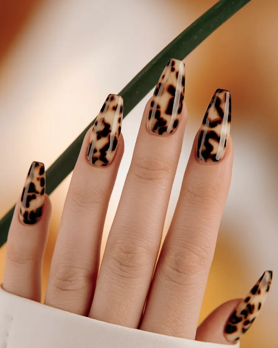 Fall Tortoiseshell Nails Long Statement Coffin Shells