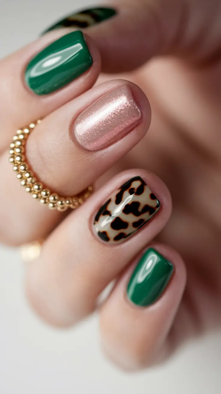 Fall Tortoiseshell Nails Green and Pink Contrast