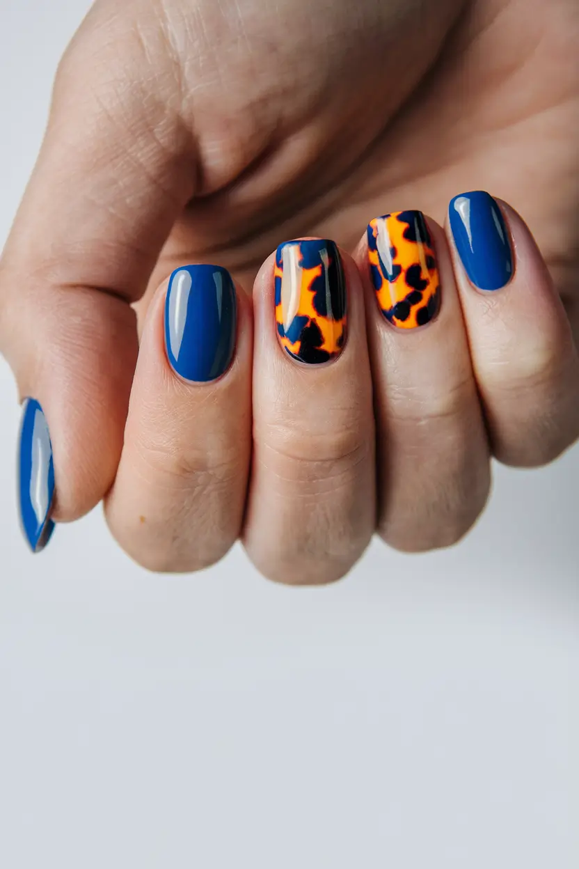 Fall Tortoiseshell Nails Blue and Bold Accent