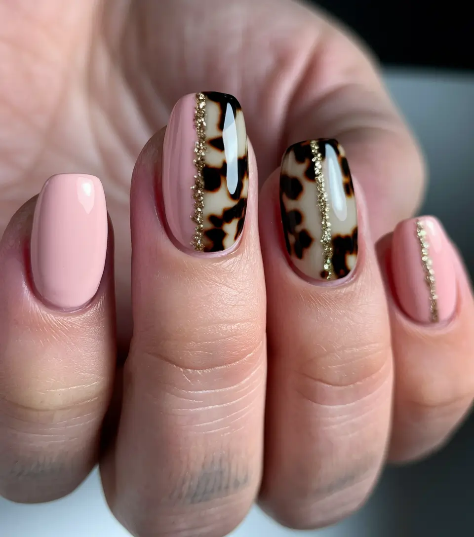 Fall Tortoiseshell Nails Pink Neutral with Glitter Divide