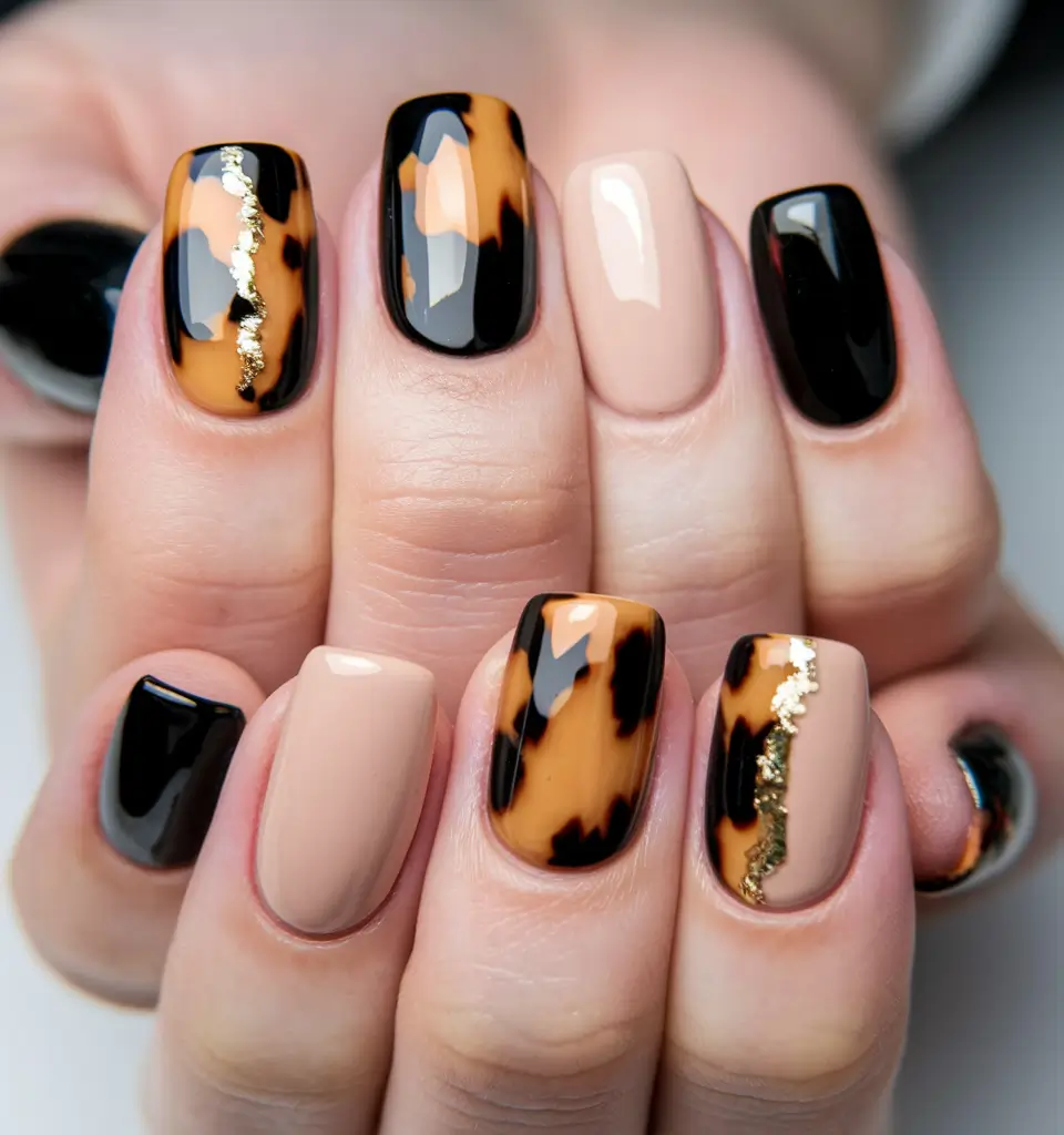 Fall Tortoiseshell Nails Chic with Gold Foil Highlights